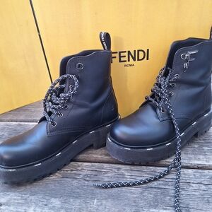 Fendi Black Leather Lace-Up Boots